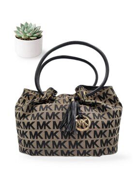 Michael Kors Ring Tassel Tote MK Signature Jacquard Beige Black Handbag Large